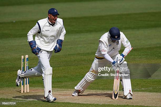 Durham batsman Kyle Coetzer looks on dejectedly as Hampshire wicketkeeper Nic Pothas celebrates his wicket during day two of the LV County...