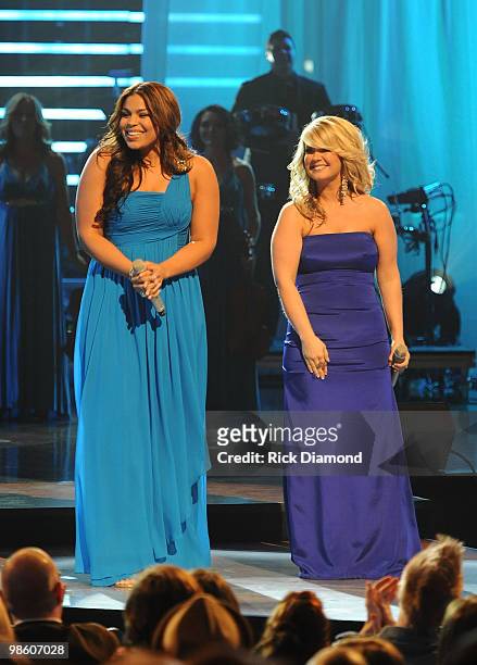 Recording Artists Jordin Sparks and Natalie Grant performs at The 41st Annual GMA Dove Awards at The Grand Ole Opry House on April 21, 2010 in...