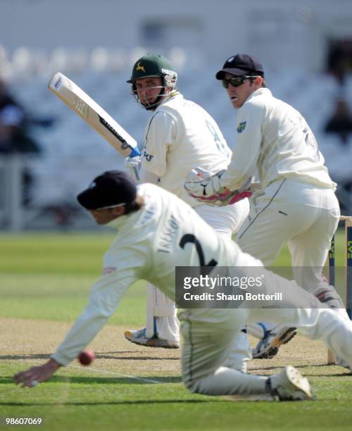 Paul Franks of Nottinghamshire plays a shot past Craig Kieswetter the Somerset wicketkeeper and Marcus Trescothick during the LV County Championship...