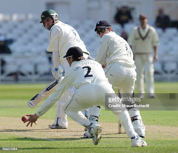 Paul Franks of Nottinghamshire plays a shot past Craig Kieswetter the Somerset wicketkeeper and Marcus Trescothick during the LV County Championship...