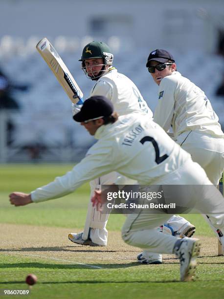 Paul Franks of Nottinghamshire plays a shot past Craig Kieswetter the Somerset wicketkeeper and Marcus Trescothick during the LV County Championship...