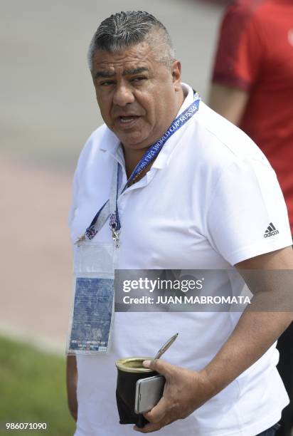 Argentina's Football Federation president Claudio Tapia arrives for a training session at the team's base camp in Bronnitsy, near Moscow, on June 28...