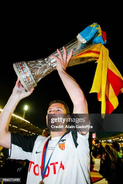 Navaro of Valencia after the Uefa cup final match between Valencia and Marseille at Ullevi, Goteborg, Sweden on May 19th 2004.