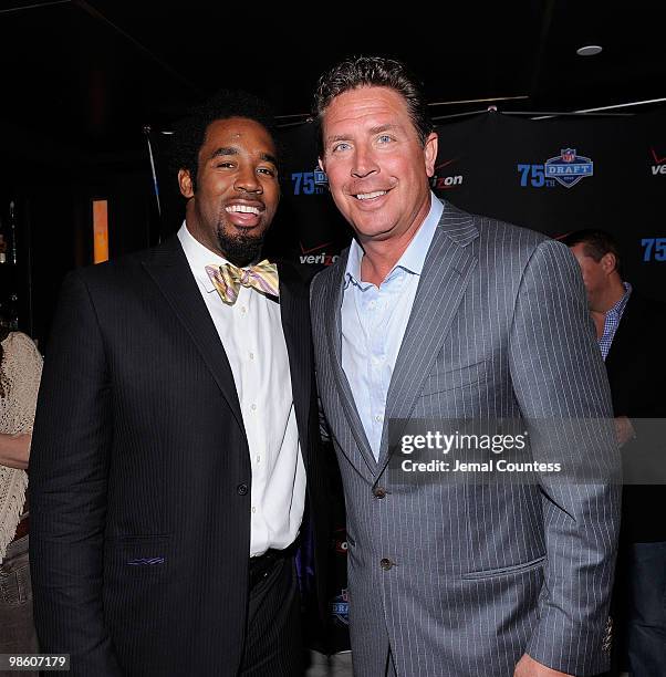 Player Dhani Jones and Dan Marino attend the NFL and Verizon 2010 NFL Draft Eve Celebration at Abe & Arthur's on April 21, 2010 in New York City.