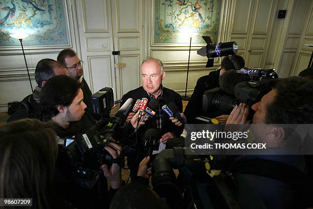 France's Junior minister for Transport Dominique Bussereau answers journalists' questions following an emergency meeting on April 18, 2010 at his...