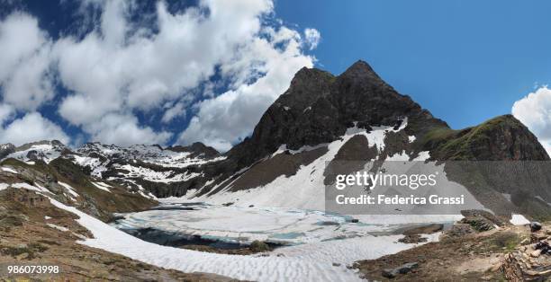 panoramic view of lago nero (black lake) covered with ice and snow - top nero stock pictures, royalty-free photos & images