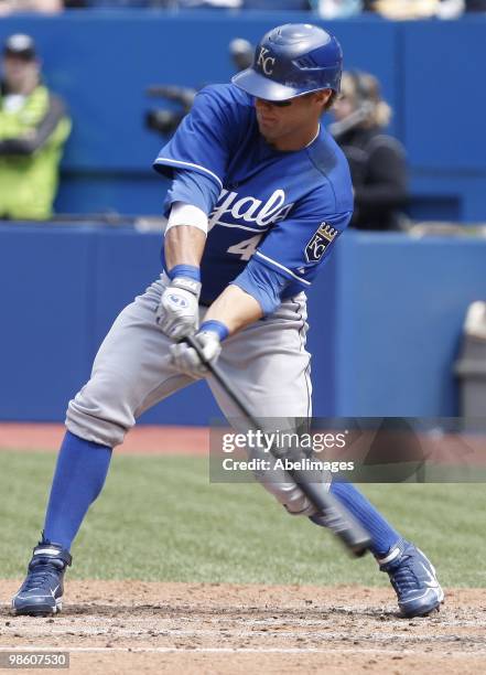 Alex Gordon of the Kansas City Royals hits against the Toronto Blue Jays during a MLB game at the Rogers Centre April 21, 2010 in Toronto, Ontario,...