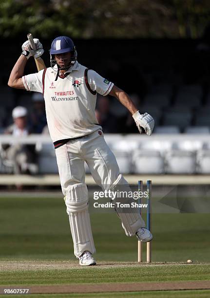 Sajid Mahmood of Lancashire is bowled out during the LV County Championship match between Essex and Lancashire at the County Ground on April 22, 2010...