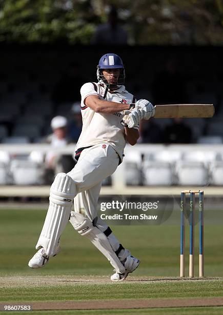 Sajid Mahmood of Lancashire hits out during the LV County Championship match between Essex and Lancashire at the County Ground on April 22, 2010 in...