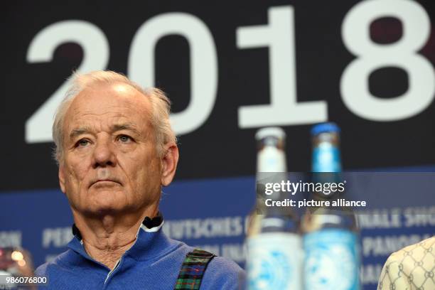 Actor Bill Murray sits on the panel during the press conference of the film 'Isle of Dogs' during the Berlinale International Film Festival in...