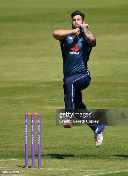 Reece Topley of England Lions bowls during the Tri-Series International match between England Lions v West Indies A at The County Ground on June 28,...