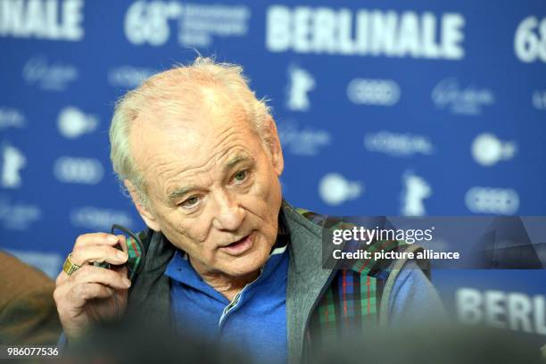 Actor Bill Murray sits on the panel during the press conference of the film 'Isle of Dogs' during the Berlinale International Film Festival in...