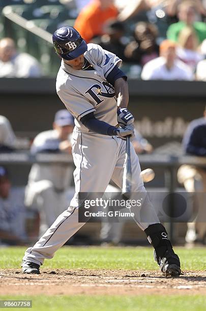 Upton of the Tampa Bay Rays hits a home run against the Baltimore Orioles on April 14, 2010 at Camden Yards in Baltimore, Maryland.