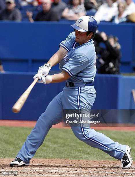 Travis Snider of the Toronto Blue Jays hits against the Kansas City Royals during a MLB game at the Rogers Centre April 21, 2010 in Toronto, Ontario,...