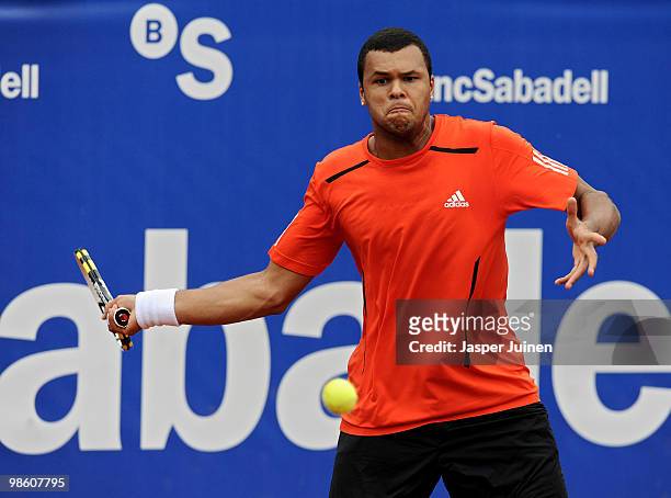 Jo-Wilfried Tsonga of France plays a forehand to Nicolas Almagro of Spain on day four of the ATP 500 World Tour Barcelona Open Banco Sabadell 2010...