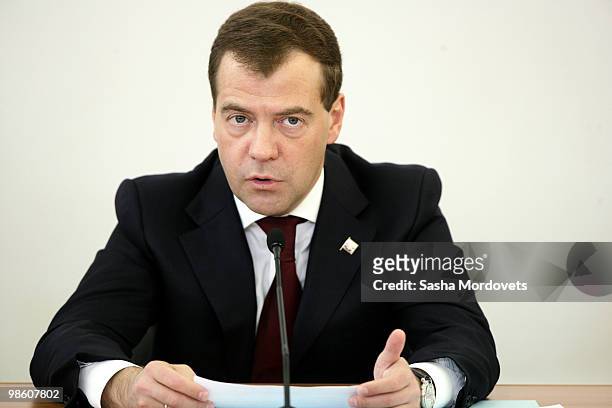 Russian President Dmitry Medvedev speaks during a meeting of the state councils on Science and Culture in Istra, 30 km West of Moscow on April 22,...