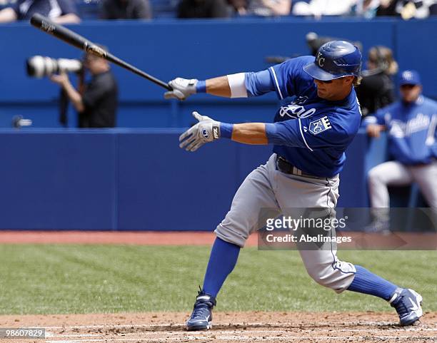 Alex Gordon of the Kansas City Royals hits against the Toronto Blue Jays during a MLB game at the Rogers Centre April 21, 2010 in Toronto, Ontario,...