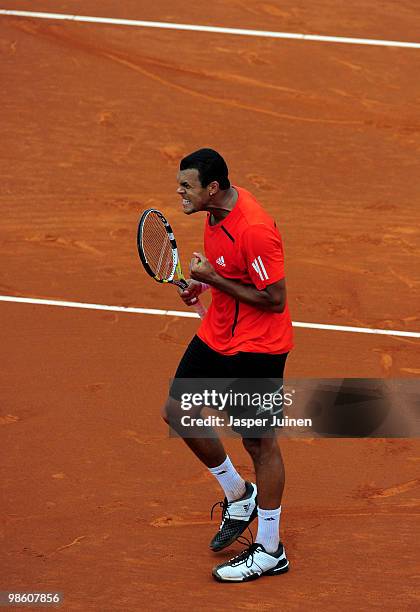 Jo-Wilfried Tsonga of France clenches his fist celebrating match point over Nicolas Almagro of Spain on day four of the ATP 500 World Tour Barcelona...