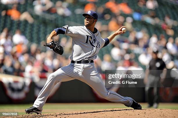 David Price of the Tampa Bay Rays pitches against the Baltimore Orioles on April 14, 2010 at Camden Yards in Baltimore, Maryland.