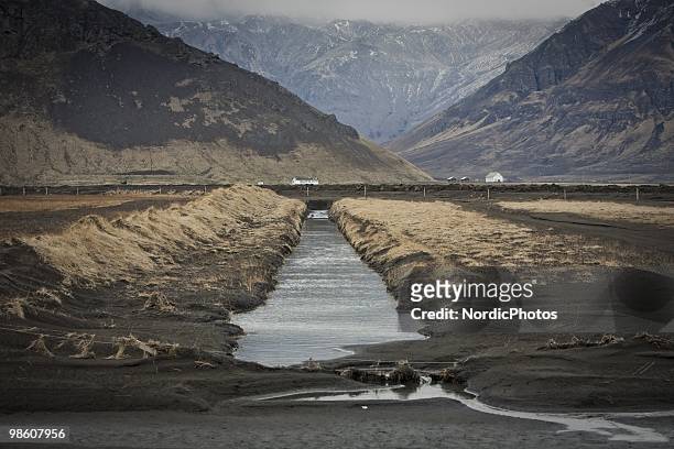 Waterways polluted by a thick layer of ash from the Eyjafjallajokull volcano, on April 21, 2010 in Skogar, Iceland. The ash is destroying pasture and...