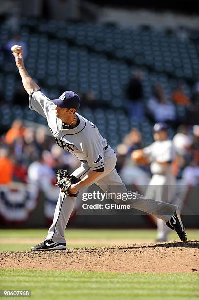 Grant Balfour of the Tampa Bay Rays pitches against the Baltimore Orioles on April 14, 2010 at Camden Yards in Baltimore, Maryland.