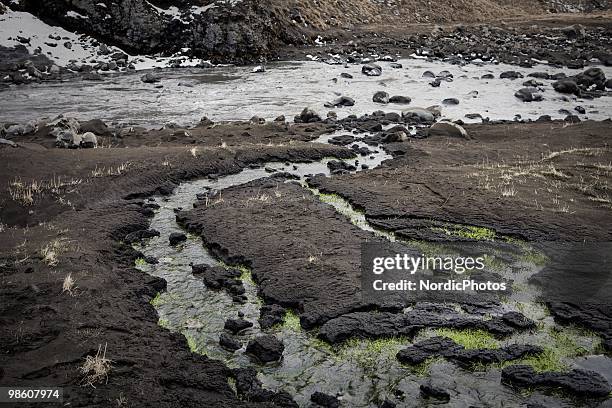 Waterways polluted by a thick layer of ash from the Eyjafjallajokull volcano, on April 21, 2010 in Skogar, Iceland. The ash is destroying pasture and...