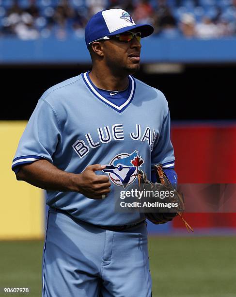 Vernon Wells of the Toronto Blue Jays comes in from the outfield against the Kansas City Royals during a MLB game at the Rogers Centre April 21, 2010...