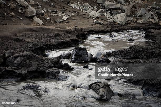 Waterways polluted by a thick layer of ash from the Eyjafjallajokull volcano, on April 21, 2010 in Skogar, Iceland. The ash is destroying pasture and...