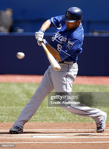 David DeJesus of the Kansas City Royals hits against the Toronto Blue Jays during a MLB game at the Rogers Centre April 21, 2010 in Toronto, Ontario,...