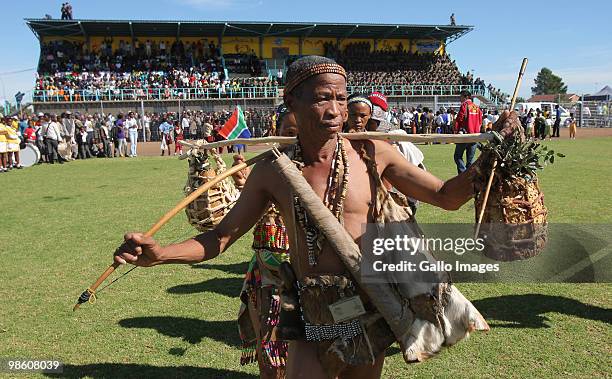 Traditional dancers perform during celebrations marking the 50 Day Countdown to the start of the FIFA 2010 World Cup on April 21, 2010 in Kimberley,...