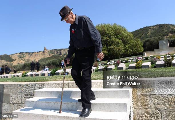 New Zealand war veteran Morris Johnstone walks amongst the graves in the war cemetary at ANZAC Cove for soldiers killed in the First World War on...