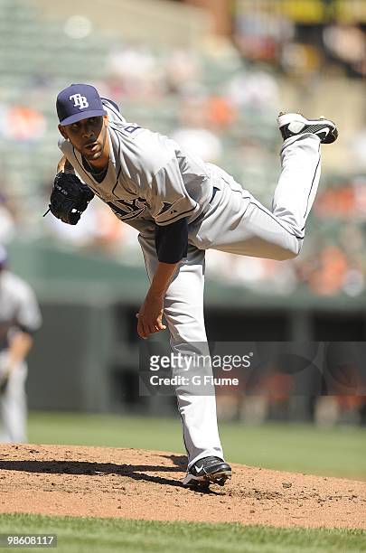 David Price of the Tampa Bay Rays pitches against the Baltimore Orioles on April 14, 2010 at Camden Yards in Baltimore, Maryland.