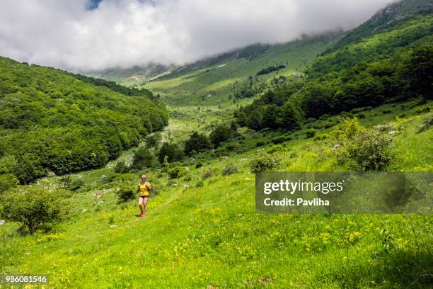 senior woman hiking in julian alps in spring, primorska, slovenia, europe - pavliha stock pictures, royalty-free photos & images