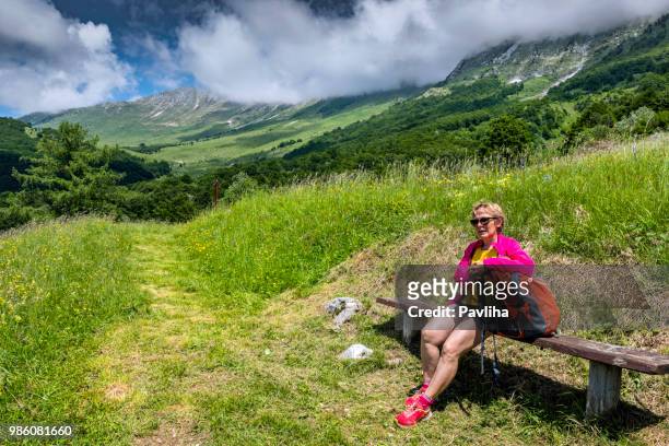 senior woman hiking in julian alps in spring, primorska, slovenia, europe - pavliha stock pictures, royalty-free photos & images