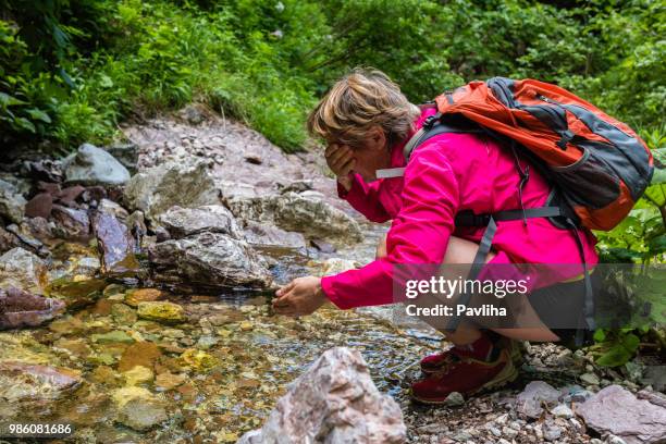 senior woman hiking in julian alps in spring, primorska, slovenia, europe - pavliha stock pictures, royalty-free photos & images