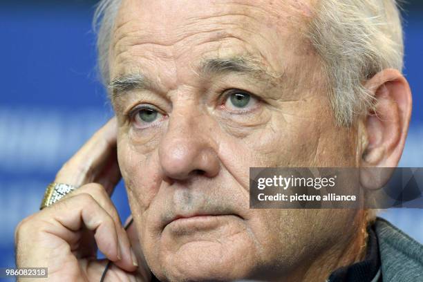 Actor Bill Murray sits on the panel during the press conference of the film 'Isle of Dogs' during the Berlinale International Film Festival in...