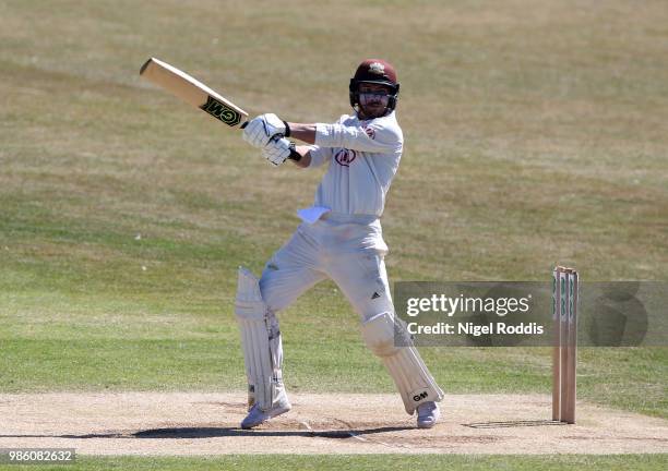 Rory Burns of Surrey plays a shot during the Specsavers County Championship Division One match between Yorkshire and Surrey on June 28, 2018 in...