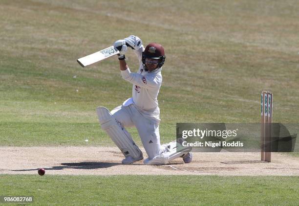 Rory Burns of Surrey plays a shot during the Specsavers County Championship Division One match between Yorkshire and Surrey on June 28, 2018 in...