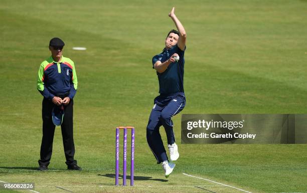 Matthew Fisher of England Lions bowls during the Tri-Series International match between England Lions v West Indies A at The County Ground on June...