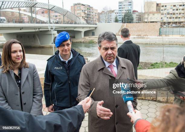 German Foreign Minister Sigmar Gabriel speaks to journalists during a press call with Nataliya Apostolova , European Union Special Representative in...