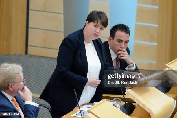 Scottish Conservative leader Ruth Davidson speaking during First Minister's Questions in the Scottish Parliament, on June 28, 2018 in Edinburgh,...