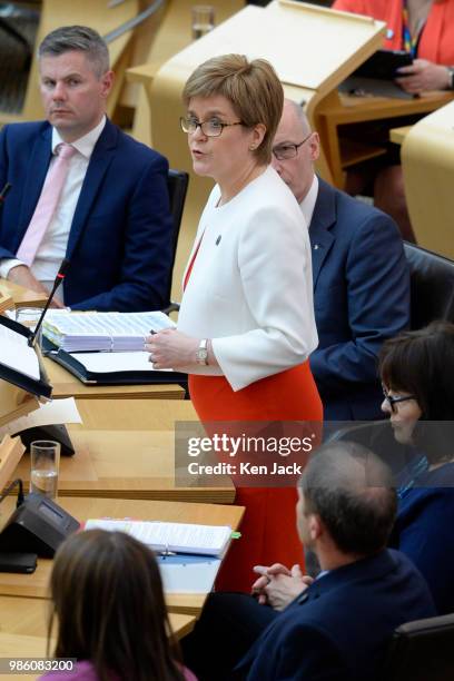 Scotland's First Minister Nicola Sturgeon speaking during First Minister's Questions in the Scottish Parliament, on June 28, 2018 in Edinburgh,...