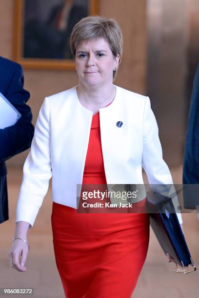 Scotland's First Minister Nicola Sturgeon on the way to First Minister's Questions in the Scottish Parliament, on June 28, 2018 in Edinburgh,...