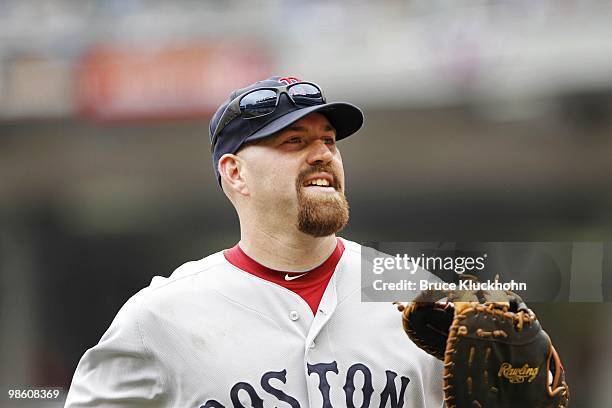 April 14: Kevin Youkilis of the Boston Red Sox smiles after a double play against the Minnesota Twins on April 14, 2010 at Target Field in...