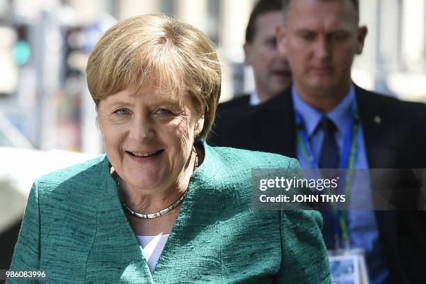 Germany's Chancellor Angela Merkel arrives for a meeting of the conservative European People's Party , on June 28, 2018 in Brussels.