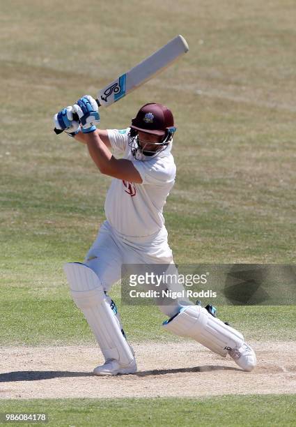 Scott Borthwick of Surrey plays a shot during the Specsavers County Championship Division One match between Yorkshire and Surrey on June 28, 2018 in...