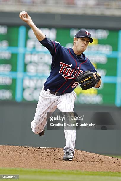 April 14: Kevin Slowey of the Minnesota Twins pitches to the Boston Red Sox on April 14, 2010 at Target Field in Minneapolis, Minnesota. The Red Sox...