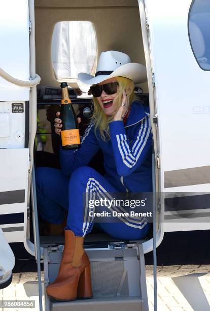 Pam Hogg arrives at Jersey Airport ahead of the Jersey Style Awards 2018 on June 28, 2018 in Trinity, Jersey.