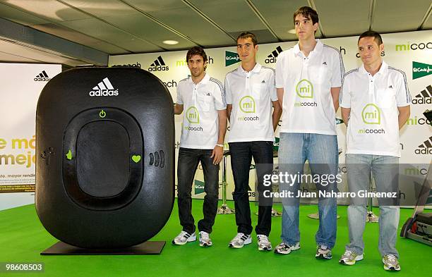 The Spanish soccer player Raul Gonzalez, athlete Arturo Casado, basketball player Carlos Suarez and athlete Rafael Iglesias attend the 'micoach'...