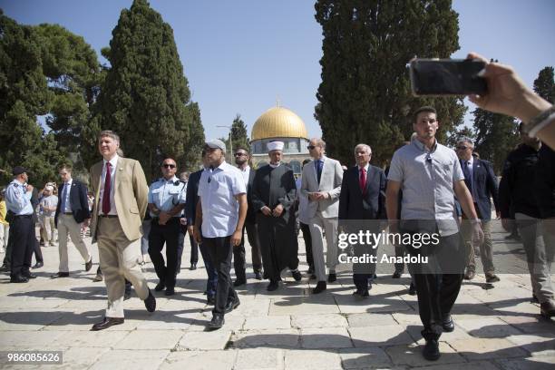 Duke of Cambridge Prince William accompanied by officials of Jerusalems Jordan-run Authority for Islamic Endowments, visits holy sites in occupied...